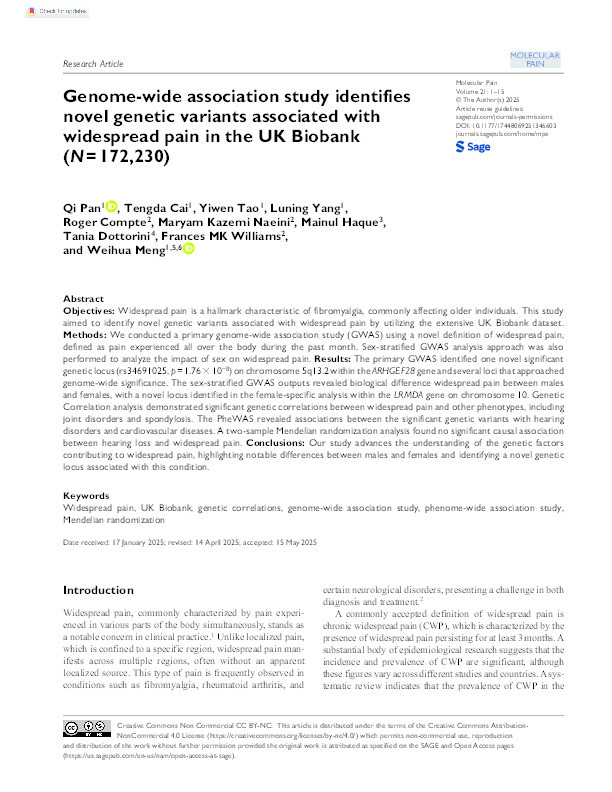 Genome-Wide Association Study Identifies Novel Genetic Variants Associated with Widespread Pain in the UK Biobank (N=172,230) Thumbnail