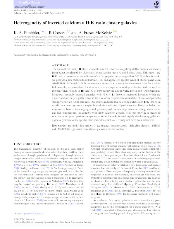 Heterogeneity of inverted calcium ii H:K ratio cluster galaxies Thumbnail