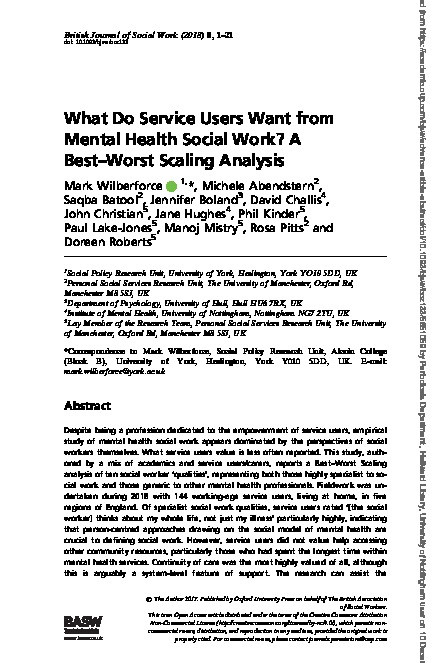 What Do Service Users Want from Mental Health Social Work? A Best–Worst Scaling Analysis Thumbnail
