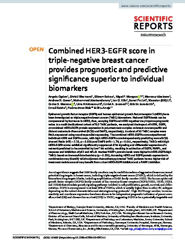 Combined HER3-EGFR score in triple-negative breast cancer provides prognostic and predictive significance superior to individual biomarkers Thumbnail