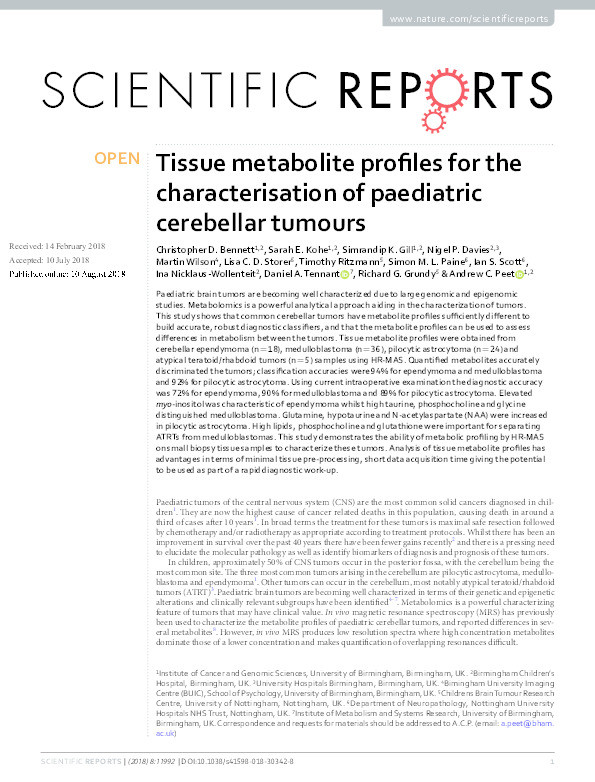 Tissue metabolite profiles for the characterisation of paediatric cerebellar tumours Thumbnail