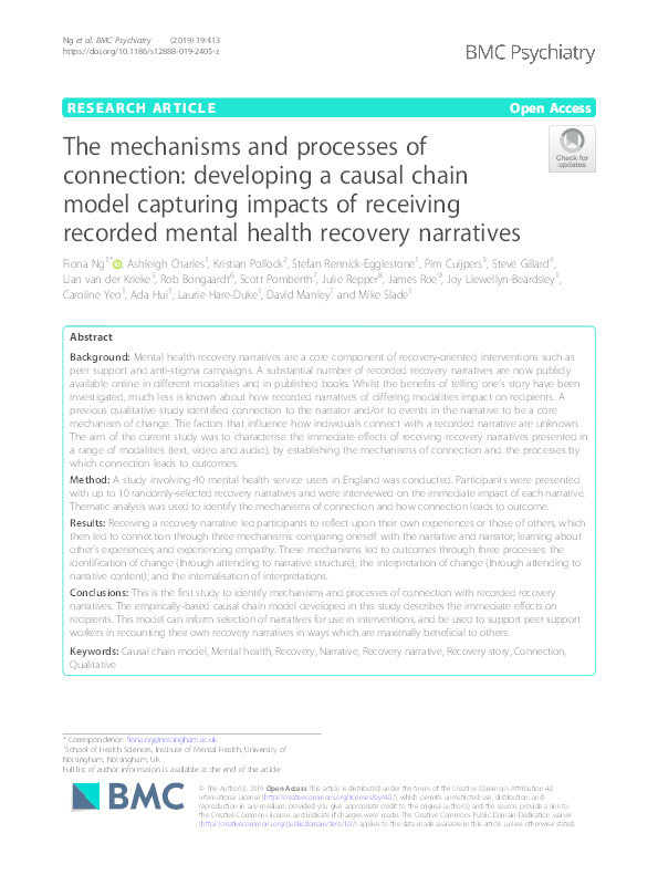 The mechanisms and processes of connection: developing a causal chain model capturing impacts of receiving recorded mental health recovery narratives Thumbnail