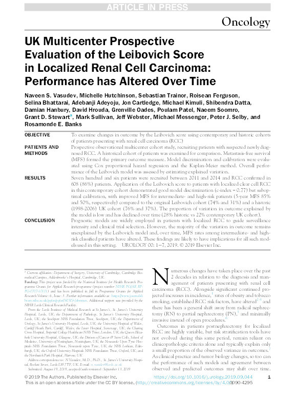 UK Multicenter Prospective Evaluation of the Leibovich Score in Localized Renal Cell Carcinoma: Performance has Altered Over Time Thumbnail