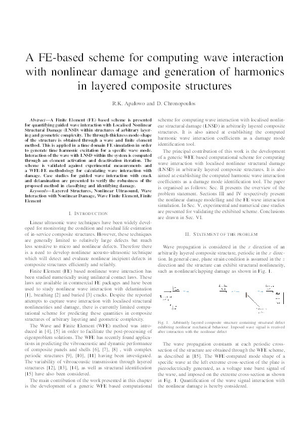 A FE-based scheme for computing wave interaction with nonlinear damage and generation of harmonics in layered composite structures Thumbnail