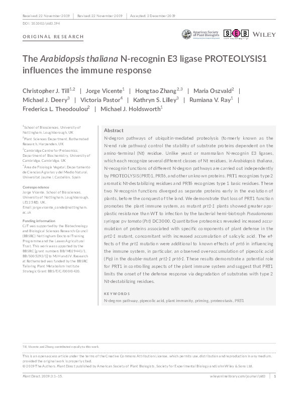 The Arabidopsis thaliana N-recognin E3 ligase PROTEOLYSIS1 influences the immune response Thumbnail