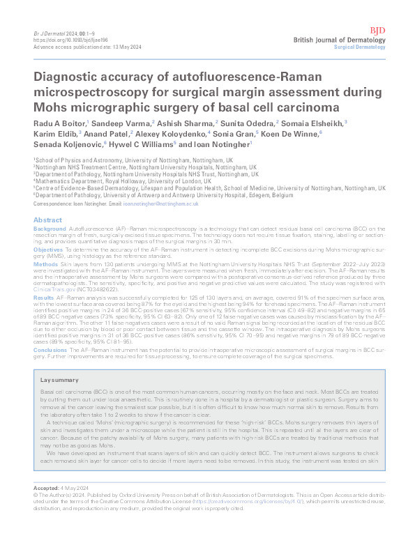 Diagnostic accuracy of autofluorescence-Raman microspectroscopy for surgical margin assessment during Mohs micrographic surgery of basal cell carcinoma Thumbnail