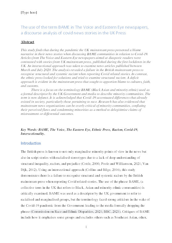 The use of the term Black, Asian and Minority Ethnic in The Voice and Eastern Eye newspapers, a discourse analysis of Covid news stories in the UK press Thumbnail