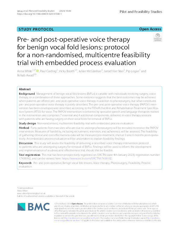 Pre- and post-operative voice therapy for benign vocal fold lesions: protocol for a non-randomised, multicentre feasibility trial with embedded process evaluation Thumbnail