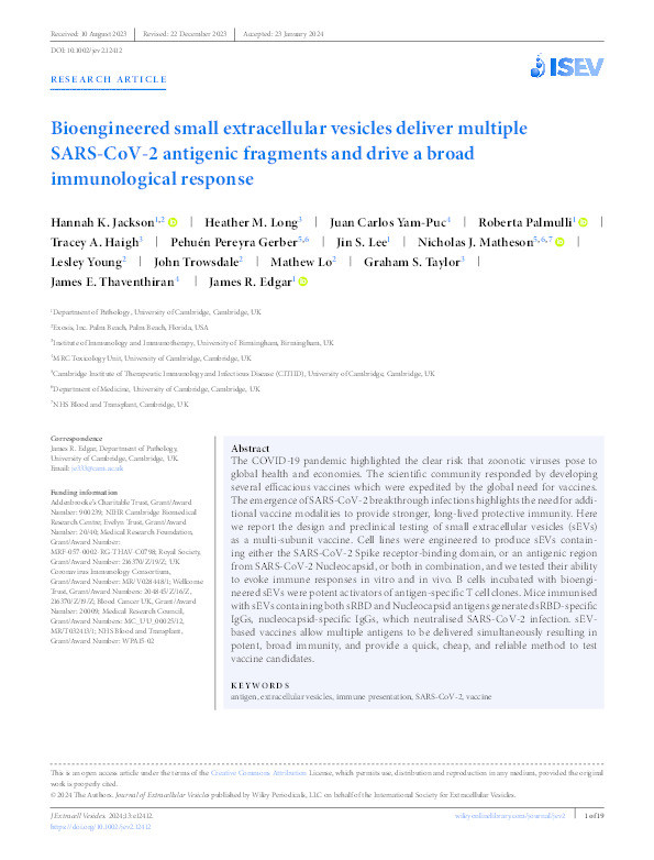 Bioengineered small extracellular vesicles deliver multiple SARS-CoV-2 antigenic fragments and drive a broad immunological response Thumbnail