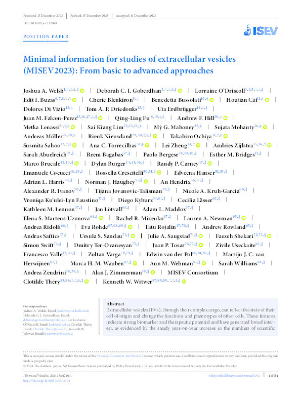 Minimal information for studies of extracellular vesicles (MISEV2023): From basic to advanced approaches Thumbnail