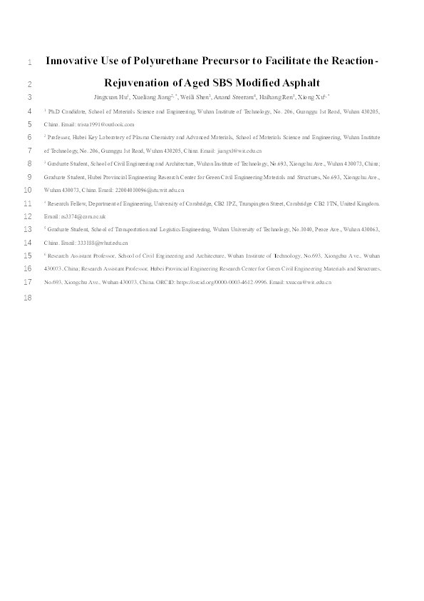 Innovative Use of Polyurethane Precursor to Facilitate the Reaction-Rejuvenation of Aged SBS-Modified Asphalt Thumbnail