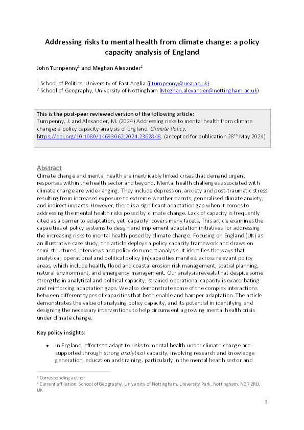 Addressing risks to mental health from climate change: a policy capacity analysis of England Thumbnail