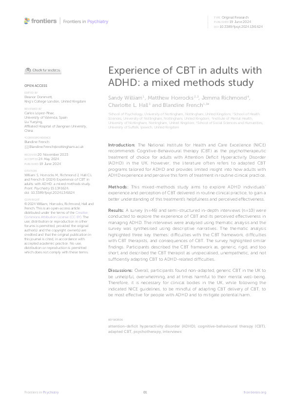 Experience of CBT in adults with ADHD: a mixed methods study Thumbnail