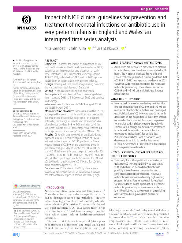 Impact of NICE clinical guidelines for prevention and treatment of neonatal infections on antibiotic use in very preterm infants in England and Wales: an interrupted time series analysis Thumbnail