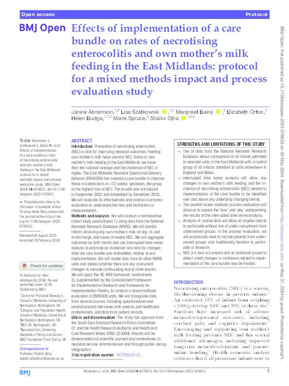 Effects of implementation of a care bundle on rates of necrotising enterocolitis and own mother’s milk feeding in the East Midlands: protocol for a mixed methods impact and process evaluation study Thumbnail