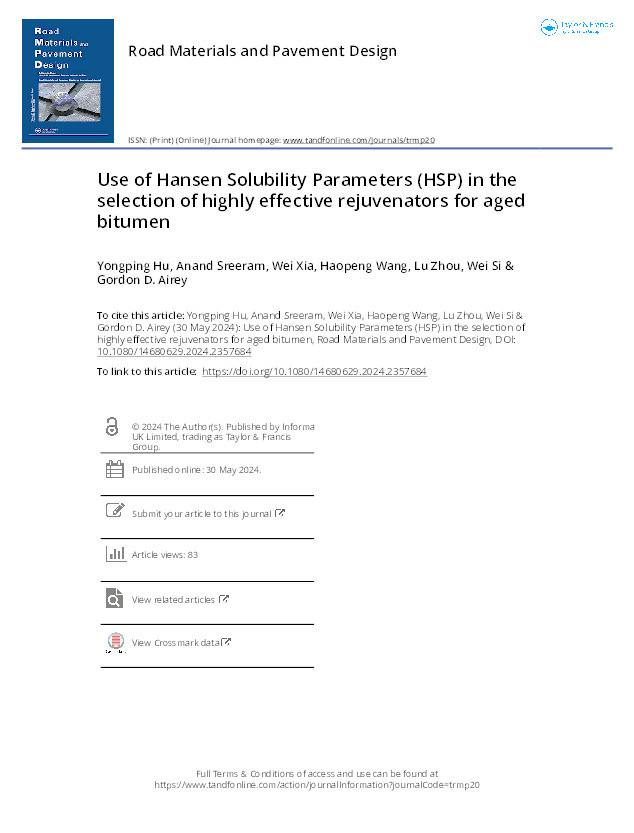 Use of Hansen Solubility Parameters (HSP) in the selection of highly effective rejuvenators for aged bitumen Thumbnail