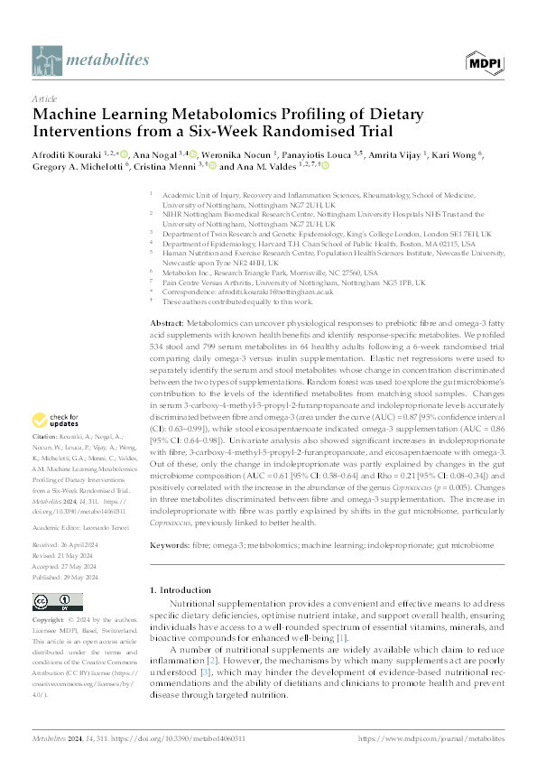 Machine Learning Metabolomics Profiling of Dietary Interventions from a Six-Week Randomised Trial Thumbnail