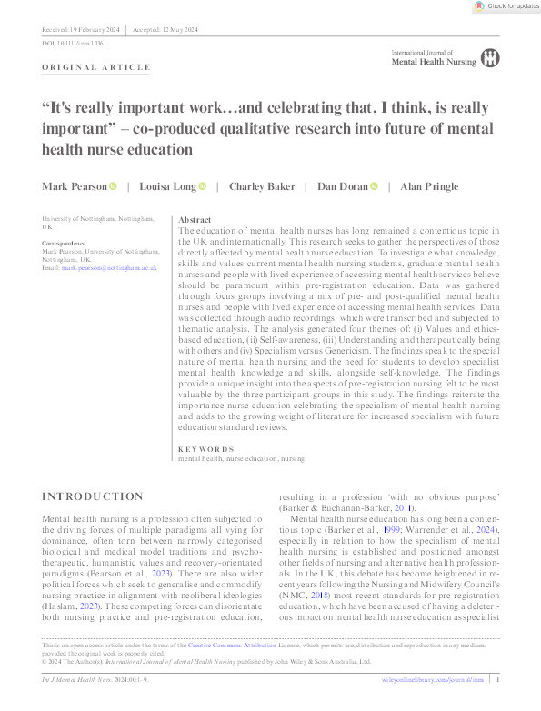 “It's really important work…and celebrating that, I think, is really important” – co‐produced qualitative research into future of mental health nurse education Thumbnail