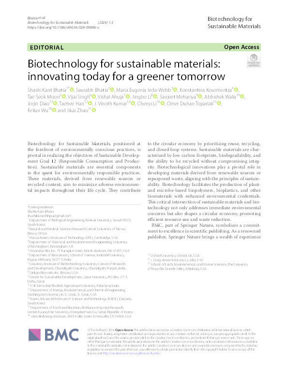 Biotechnology for sustainable materials: innovating today for a greener tomorrow Thumbnail