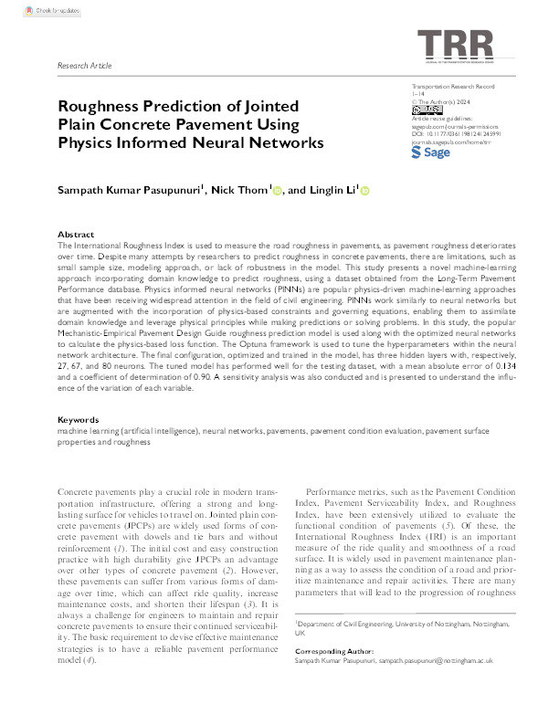 Roughness Prediction of Jointed Plain Concrete Pavement Using Physics Informed Neural Networks Thumbnail