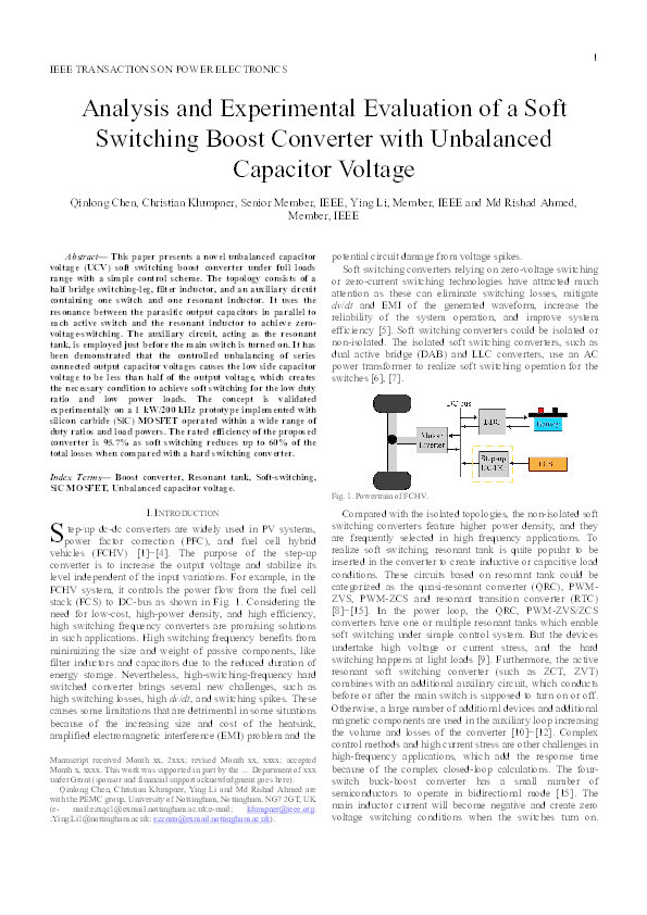 Analysis and Experimental Evaluation of a Soft Switching Boost Converter with Unbalanced Capacitor Voltage Thumbnail