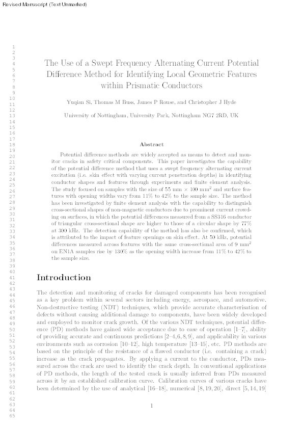 The use of a swept frequency alternating current potential difference method for identifying local geometric features within prismatic conductors Thumbnail