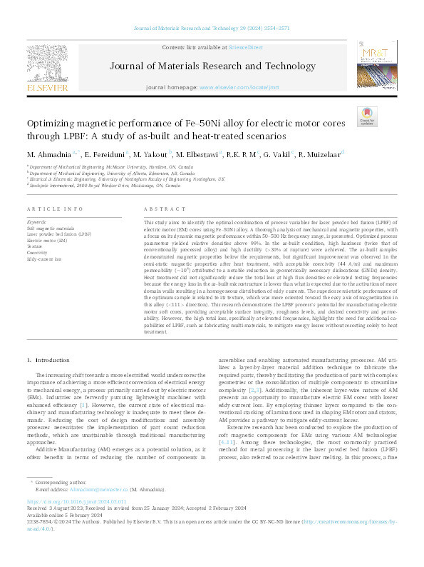 Optimizing magnetic performance of Fe–50Ni alloy for electric motor cores through LPBF: A study of as-built and heat-treated scenarios Thumbnail