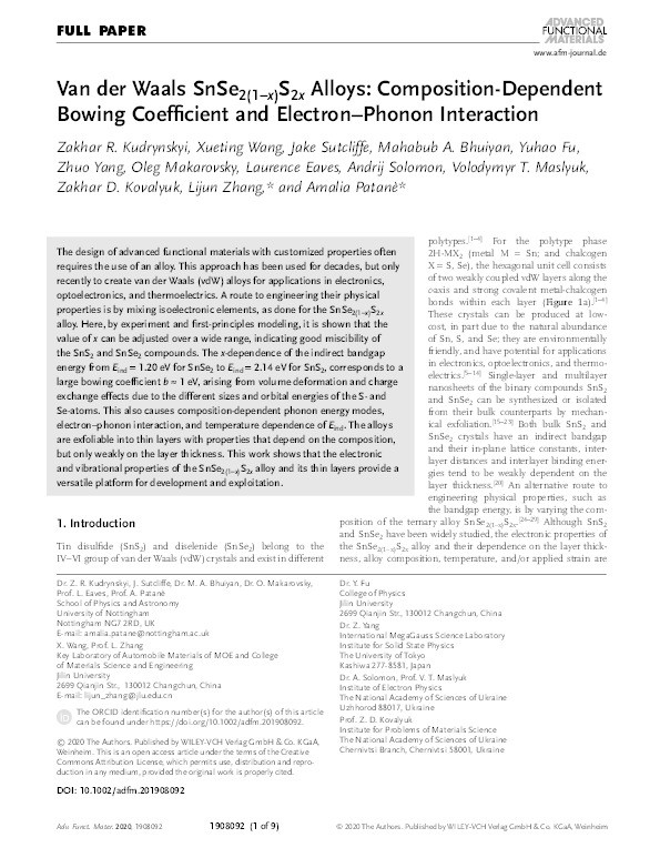 Van der Waals SnSe2(1-x)S2x alloys: composition-dependent bowing coefficient and electron-phonon interaction Thumbnail