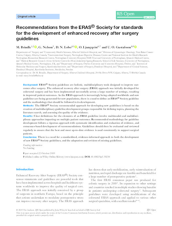 Recommendations from the ERAS® Society for standards for the development of enhanced recovery after surgery guidelines Thumbnail