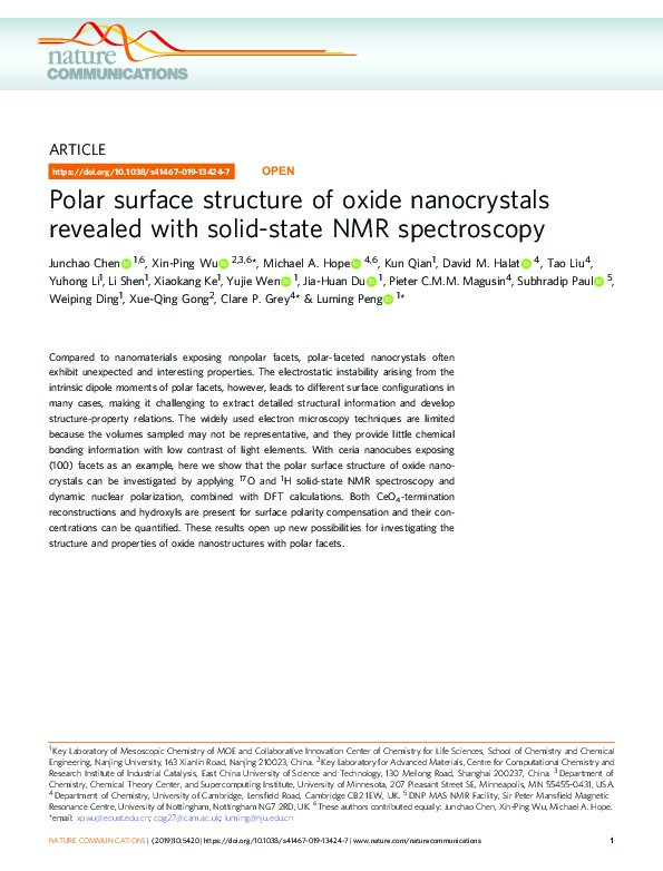 Polar surface structure of oxide nanocrystals revealed with solid-state NMR spectroscopy Thumbnail
