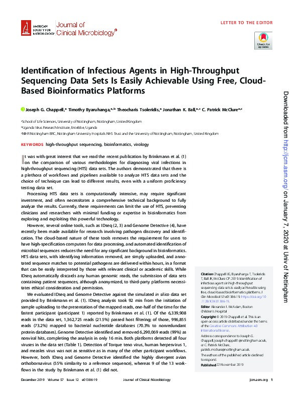 Identification of infectious agents in high-throughput sequencing data sets is easily achievable using free, cloud-based bioinformatics platforms Thumbnail