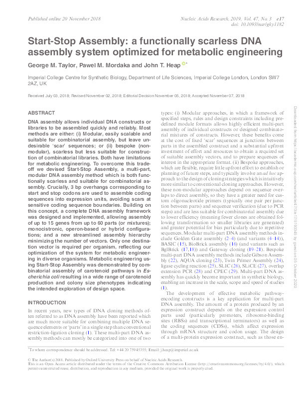 Start-Stop Assembly: a functionally scarless DNA assembly system optimized for metabolic engineering Thumbnail