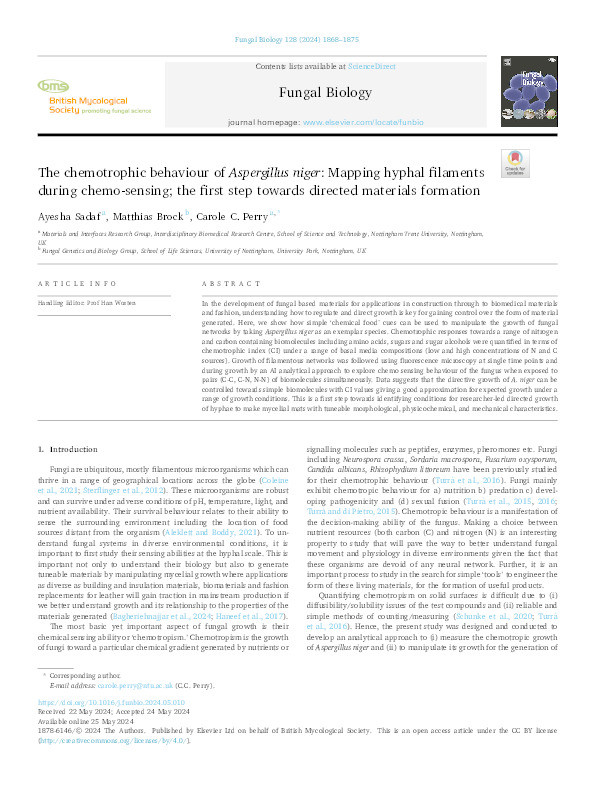 The chemotrophic behaviour of Aspergillus niger: Mapping hyphal filaments during chemo-sensing; the first step towards directed materials formation Thumbnail