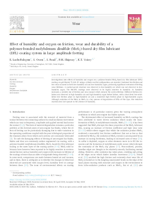 Effect of humidity and oxygen on friction, wear and durability of a polymer-bonded molybdenum disulfide (MoS2)-based dry film lubricant (DFL) coating system in large amplitude fretting Thumbnail