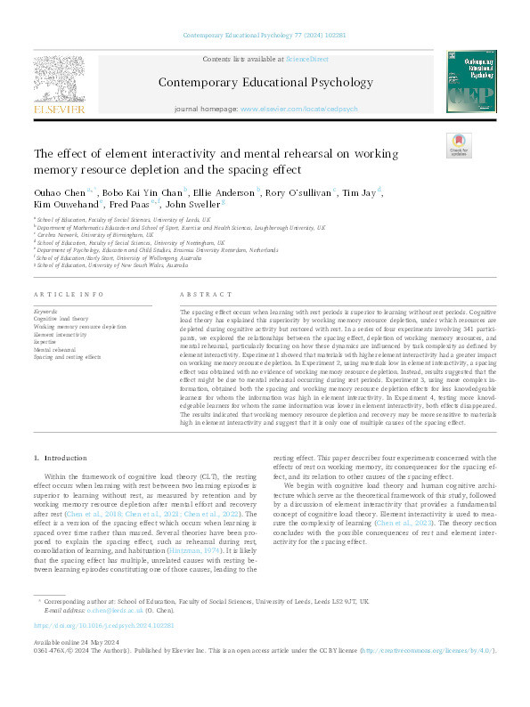 The effect of element interactivity and mental rehearsal on working memory resource depletion and the spacing effect Thumbnail