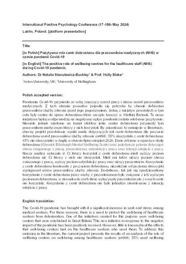 Pozytywna rola centr dobrostanu dla pracowników medycznych (NHS) w czasie pandemii Covid-19 = The positive role of wellbeing centres for the healthcare staff (NHS) during Covid-19 pandemic Thumbnail