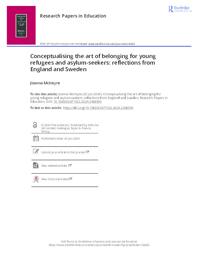 Conceptualising the art of belonging for young refugees and asylum-seekers: reflections from England and Sweden Thumbnail