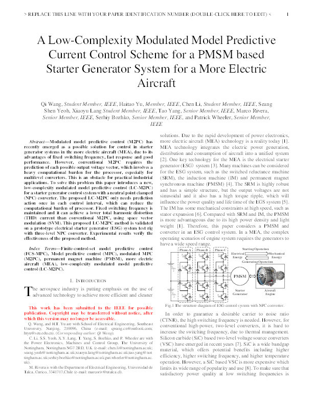 A Low-Complexity Modulated Model Predictive Current Control Scheme for PMSM based Starter Generator Control System in More Electric Aircraft Thumbnail