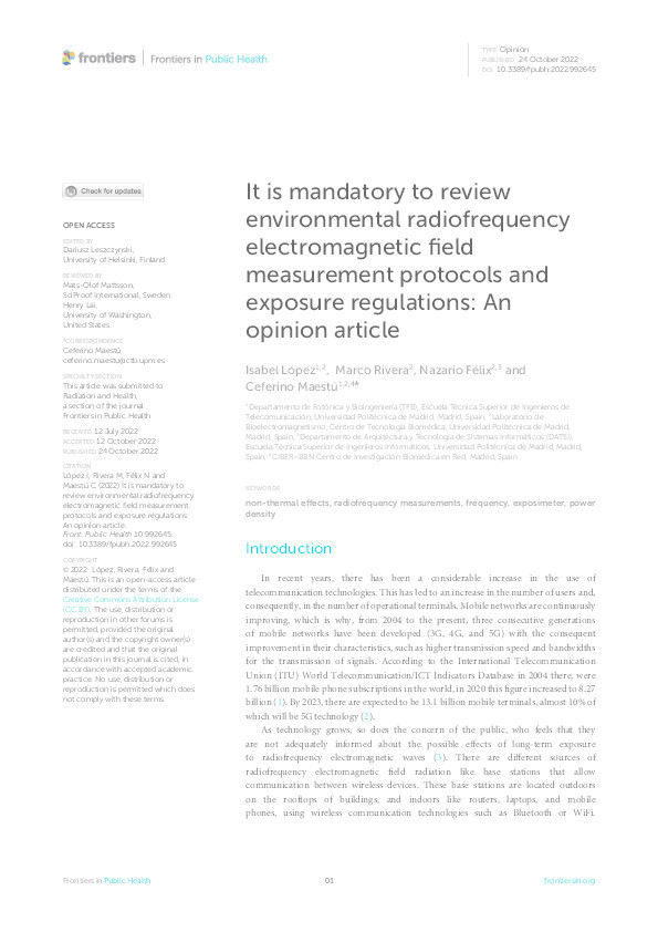 It is mandatory to review environmental radiofrequency electromagnetic field measurement protocols and exposure regulations: An opinion article Thumbnail