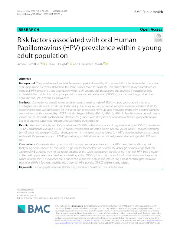 Risk factors associated with oral Human Papillomavirus (HPV) prevalence within a young adult population Thumbnail