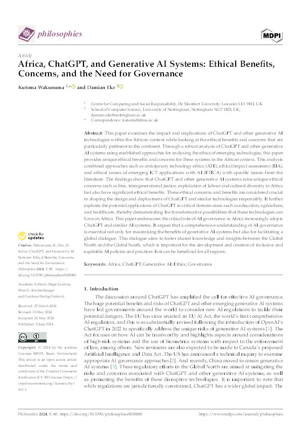 Africa, ChatGPT, and Generative AI Systems: Ethical Benefits, Concerns, and the Need for Governance Thumbnail