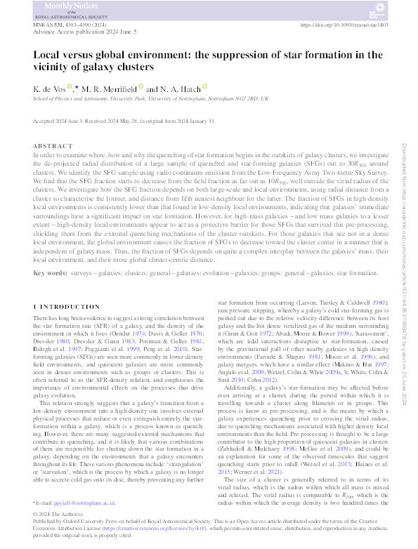 Local versus global environment: The suppression of star formation in the vicinity of galaxy clusters Thumbnail