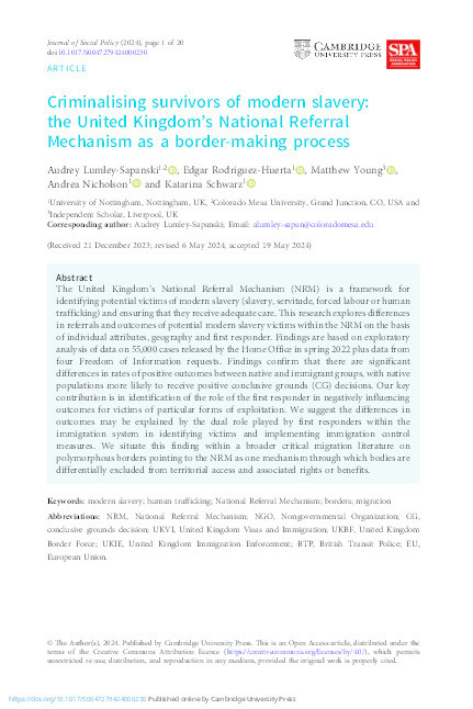 Criminalizing survivors of modern slavery: the United Kingdom’s National Referral Mechanism as a border-making process Thumbnail