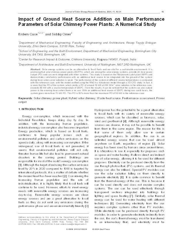 Impact of Ground Heat Source Addition on Main Performance Parameters of Solar Chimney Power Plants: A Numerical Study Thumbnail