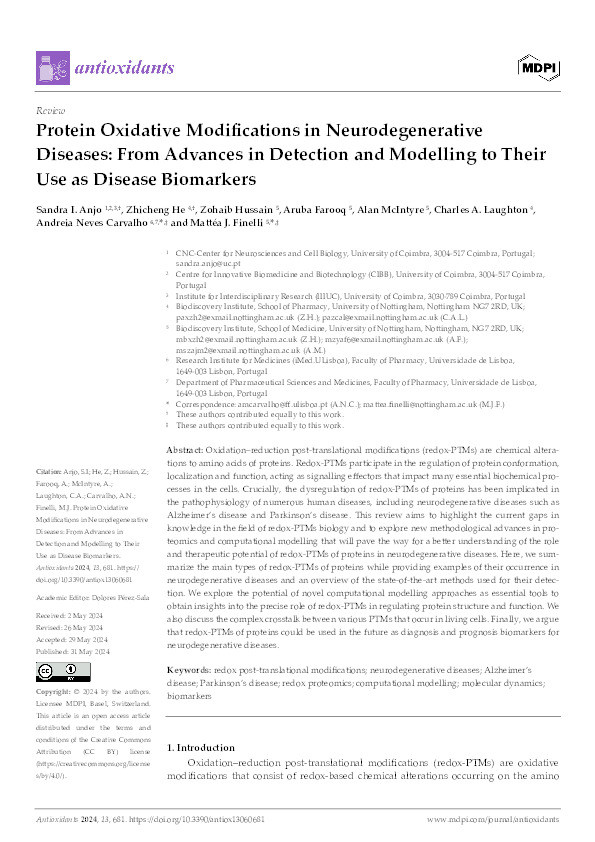 Protein Oxidative Modifications in Neurodegenerative Diseases: From Advances in Detection and Modelling to Their Use as Disease Biomarkers Thumbnail