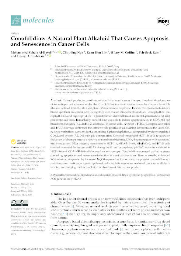 Conofolidine: A Natural Plant Alkaloid That Causes Apoptosis and Senescence in Cancer Cells Thumbnail