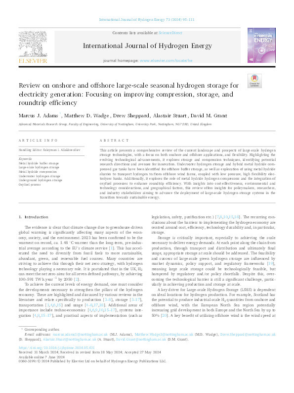 Review on onshore and offshore large-scale seasonal hydrogen storage for electricity generation: Focusing on improving compression, storage, and roundtrip efficiency Thumbnail