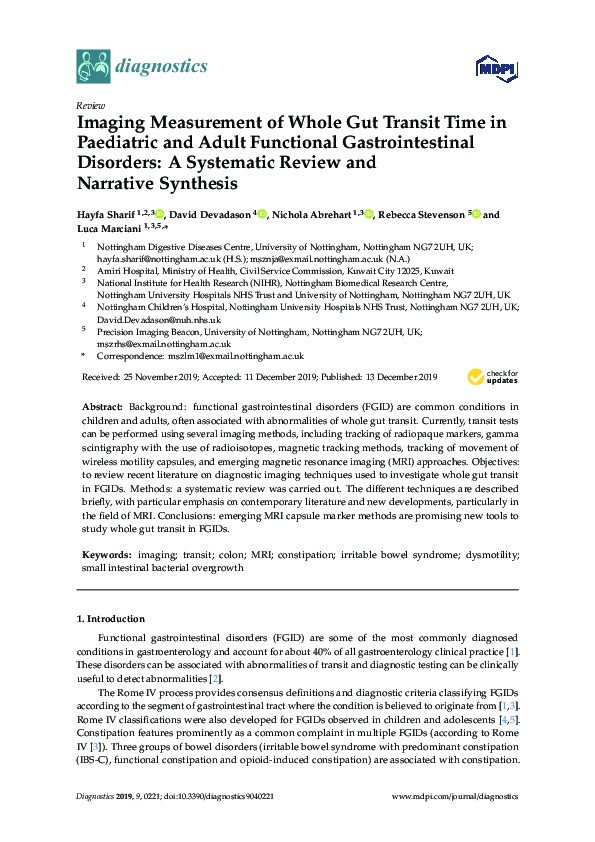 Imaging Measurement of Whole Gut Transit Time in Paediatric and Adult Functional Gastrointestinal Disorders: A Systematic Review and Narrative Synthesis Thumbnail
