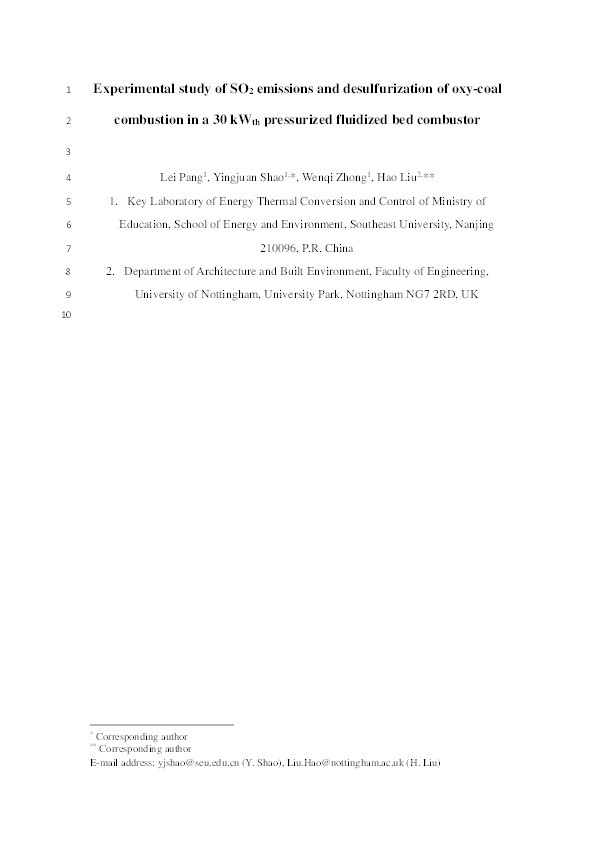 Experimental study of SO2 emissions and desulfurization of oxy-coal combustion in a 30 kWth pressurized fluidized bed combustor Thumbnail