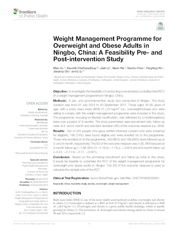 Weight management programme for overweight and obese adults in Ningbo, China: a feasibility pre- and post-intervention study Thumbnail